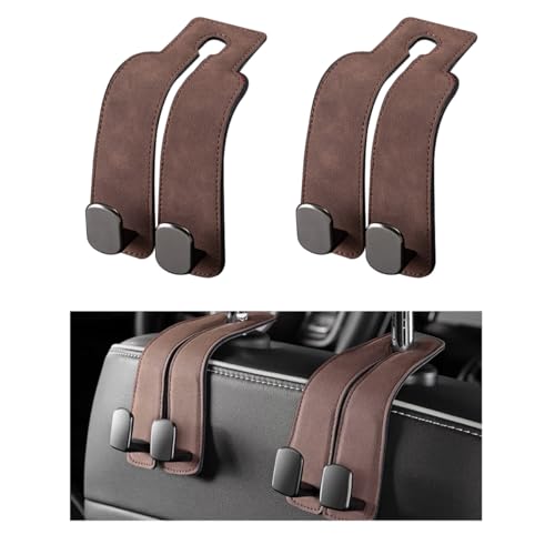 2 PCS Car Seat Headrest Hook, Back Seat Hanger with Double Flexible Leather Hooks, Soft Leather Double Headrest Metal Hooks Purse Handbag Organizer, Car Accessories (Brown) - color: Brown