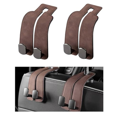 2 PCS Car Seat Headrest Hook, Back Seat Hanger with Double Flexible Leather Hooks, Soft Leather Double Headrest Metal Hooks Purse Handbag Organizer, Car Accessories (Brown) - color: Brown