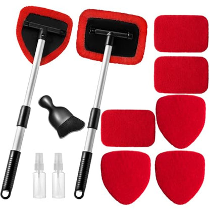 Qydipclin 11pcs Windshield Cleaner Tool, Car Window Cleaning Wash Kit with 6 Reusable Microfiber Pads 2 Spray Bottles and Extendable Handles Auto Glass Wiper Kit, Red - color: Red