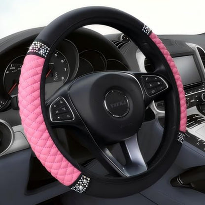Soft Leather Car Steering Wheel Cover, Universal 15 Inch Colorful Rhinestones Anti-Slip Elastic Steering Wheel Covers for Most Cars, Sparkly Crystal Diamond for Women Girls (Pink) - color: Pink