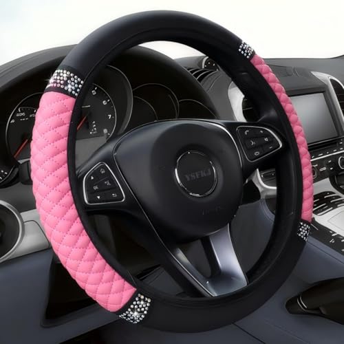 Soft Leather Car Steering Wheel Cover, Universal 15 Inch Colorful Rhinestones Anti-Slip Elastic Steering Wheel Covers for Most Cars, Sparkly Crystal Diamond for Women Girls (Pink) - color: Pink