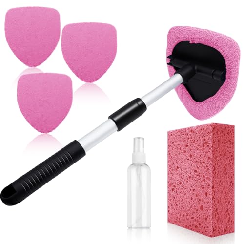 Windshield Cleaner Tool 22.5" L - Car Interior&Exterior Window Cleaning Kit with Extendable Handle&4 Microfiber Pads and Thick Large Wash Sponge, Auto Glass Wiper Brush Kit for Cars Home (7pcs Pink) - color: Pink