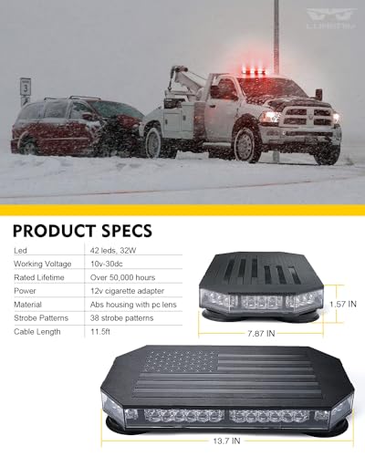 LUMENIX Rooftop Strobe Beacon Lights White Red LED Emergency Warning Caution Flashing Traffic Light Bar for POV Firefighter Ambulance Vehicles Fire Trucks, American Flag Pattern | Patented Design - color: White Red