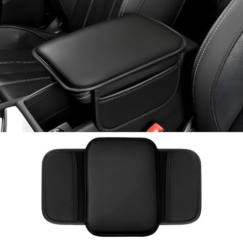 Car Center Console Cover, 11.6"×8.3" Leather Car Armrest Cushion Pad with 2 Storage Pockets, Comfortable Arm Rest Box Cover Mat for Most Vehicles, Universal Interior Accessories (Black) - color: Black