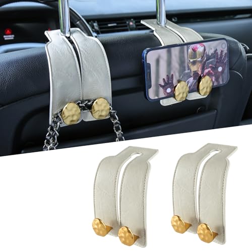 2PCS Leather Car Seat Hooks for Headrest, Vehicle Hanger Storage Organizer Universal for Handbag Purse, Car Accessories Gift (White-Gold) - color: White-Gold