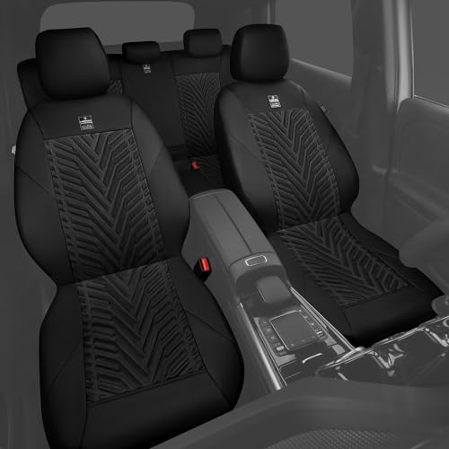 CAR PASS Faux Leather Car Seat Covers, 3D Tyre Embossed Waterproof Universal Fit 5 Seat Covers for SUV, Automotive Truck, Scratch Proof, Airbag Compatible (Deluxe Full Set, All Black) - color: All Black