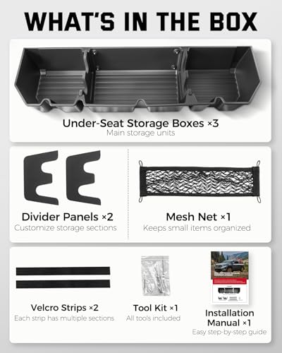 Under Seat Storage for Honda Ridgeline: 2006-2026 Crew Cab, Truck Second-Row Underseat In-Cabin Storage Bin for Ridgeline, Car Accessories Rear Under-Seat Organizer Tool Box for Ridgeline(w/ Mesh Net)