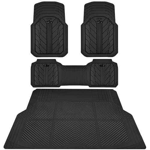 CAR PASS Floor Mats for Cars M-L Size, Heavy Duty Rubber Floor Mats with Trunk Cargo Liner, Universal Trim-to Fit Automotive Floor mats for Truck Van SUV Waterproof All Weather Car Mats Solid Black - color: Pure Black All