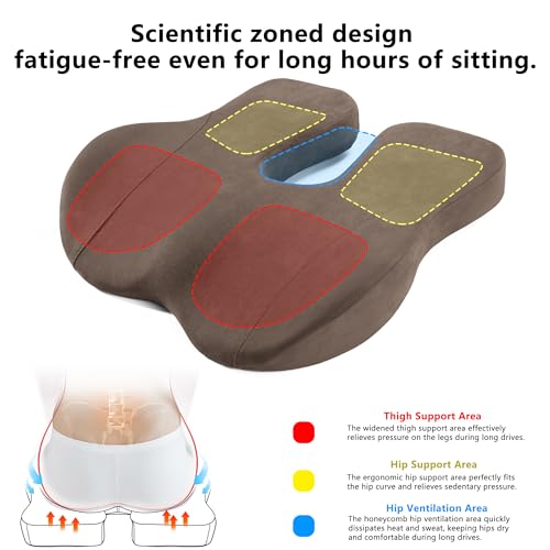 Car Seat Cushion, Ergonomic Memory Foam Car Cushion for Sciatica Pain Relief, Sciatica & Hip & Coccyx Pain Relief Desk Chair Cushion (Brown) - color: Brown