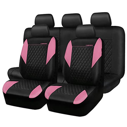 CAR PASS Pink Leather Seat Covers,Girly Quilting Pretty Cute Car Seat Cover with 5mm Composite Sponge Inside,Airbag Compatible, Universal Fit for Most Sedan,SUV,Vans(Full Set,Pink) - color: Black and Pink, size: Full Set (Front and Rear)