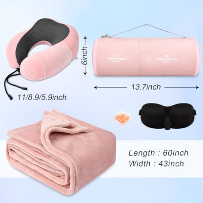 urnexttour Travel Pillow and Blanket Set Neck Pillows Travel Essentials with Sleep Mask for Airplane Car Memory Foam Pink - color: A-pink