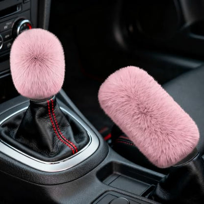 2PCS Plush Car Gear Shift Knob Cover & Handbrake Cover, Shift Knob Protector, Soft Fluffy Gear Handbrake Protective Sleeves, Shifter Lever Brake Handle Warm Plush Set for Cars (Dark Pink) - color: Dark Pink