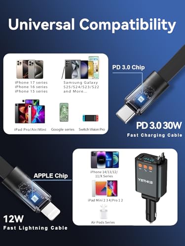 Bluetooth Car Adapter with Retractable Charger, FM Transmitter Bluetooth 5.4 for Cars, 4 in 1 Fast Car Phone Charger 69W, Handsfree Call, 2*Retractable Cable for iPhone 17/16/15/14, Galaxy-Black - color: Black