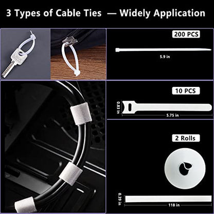 White Cable Management Organizer Kit 4 Cable Sleeve Split,47Cable Clips 12Cord Clips Holder,22 Cable Ties, 20 Adhesive Wall Cable Tie, 200Fasten Cable Ties for TV Electronics - size: 322 PCS
