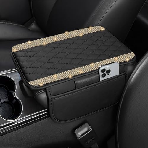 NBTEPEM Bling Car Center Console Cover, Leather Car Arm Rest Cover Cushion with 2 Storage Bags, Universal Auto Armrest Protector, Bling Accessories Interior for Most Vehicles(Gold Champagne Diamond) - color: Gold Champagne Diamond