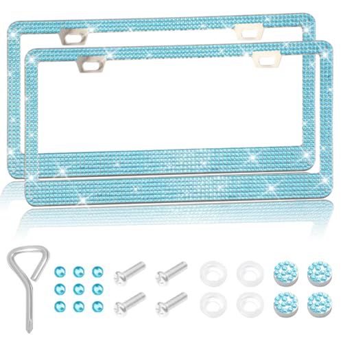 2 Packs Bling License Plate Frames, Bedazzled Sparkly Cute Water Diamond Stainless Steel，Car Accessories with Diamond Sparkle Glitter Caps，Suitable for Both Men and Women（Blue） - color: Blue, size: 2