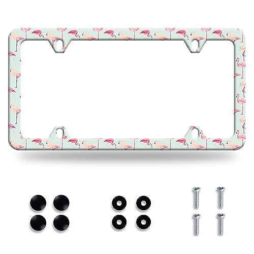 Pink Flamingo License Plate Frame Colorful Flamingo Animal Print License Plate Funny Stainless Steel Auto Parts Beautiful License Plate Decoration Holes Screws Size 12.3" x 6.3" - color: Pink Flamingo Animal Print