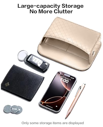 Car Door Organizer, PU Leather Storage Pouch with Strong Sticky Back for Phone, Keys - Fits Car Seat Side Pocket & Console Gap, Universal Car Accessories - Beige