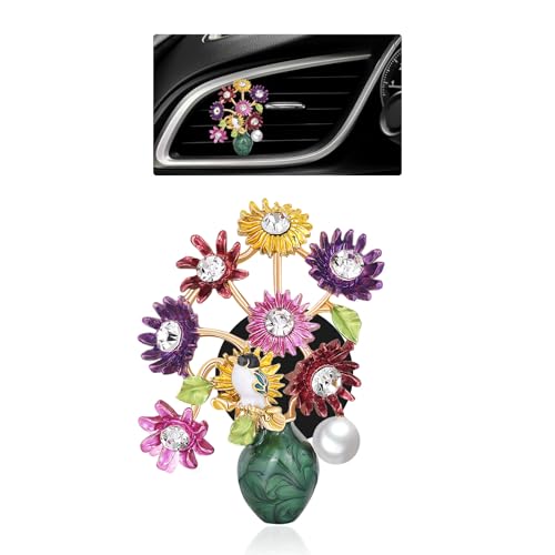 ORIESSE Flower Car Decor,Cute Dasiy Bird Vase Car Air Freshener Vent Clip,Bling Alloy Colorful DashBoard Vent Decorations Aesthetics for Women,Refillable Aroma Diffuser