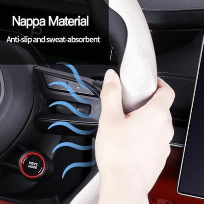 Car Steering Wheel Cover, Nappa Leather, Segmented, Anti-Slip, Odorless, Breathable, for General Motors, 14-15inch (White) - color: White