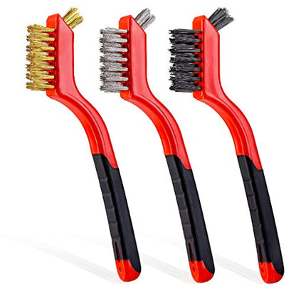 Lavaxon Wire Brush Set 3Pcs - Nylon/Brass/Stainless Steel Bristles with Curved Handle Grip for Rust, Dirt & Paint Scrubbing with Deep Cleaning – 7 Inches (Red) - color: Red