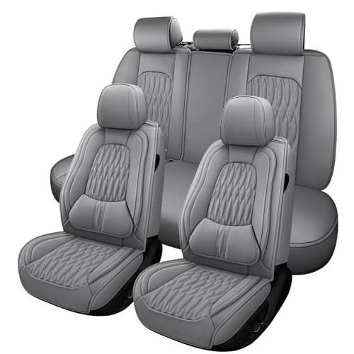 WELLDO Car Seat Covers Full Set, Leather Seat Covers for Car, Waterproof Car Seat Protector with Lumbar Support, Automotive Seat Covers Universal Fit for Most Cars SUV Truck,Gray,w02. - color: Gray-white, size: Full Set
