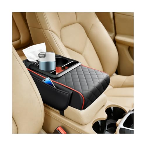 Car Center Console Armrest Box Mat, Nappa Leather Armrest Box Cover with Tissue Box, Cup Holder & Phone Holder, Middle Console Arm Rest Protection Pillow, Universal Fit (Black/Red) - color: Black/Red