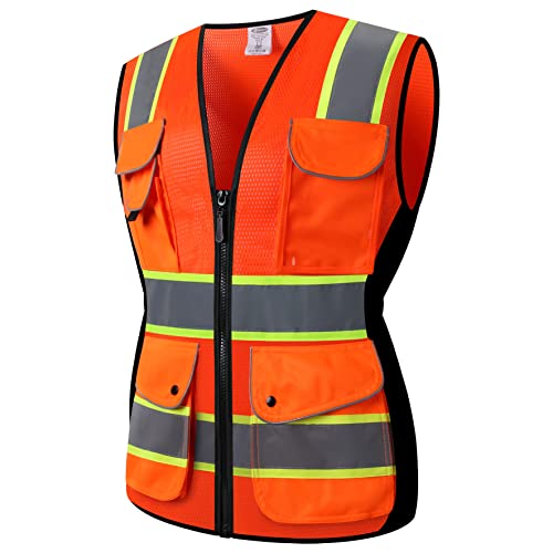 JKSafety Women Hi-Vis Reflective Safety Vest | Neon Color body Sewed Reflective Strips Breathable Lightweight ANSI Compliant - color: V168-orange, size: Medium