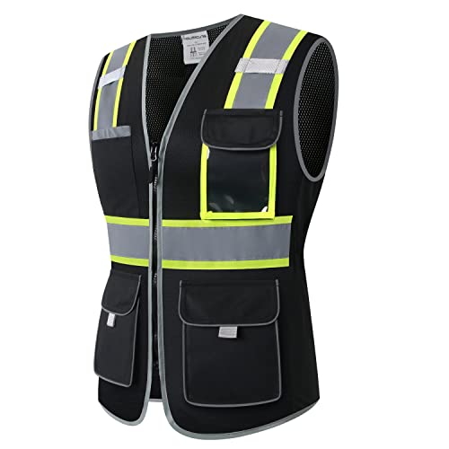 Safety Vest for women, Hi vis Reflective Lady Work vest With 9 Multi Pocket And Zipper - color: Black, size: Large