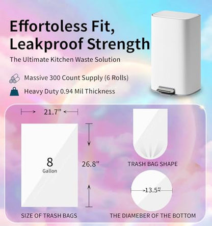 300 Count 8 Gallon Trash Bags - Heavy Duty Medium Garbage Bags 30 Liter Unscented 0.94 Mil Thick & Leakproof Wastebasket Liners for Kitchen Bathroom Home - color: 8gal-300
