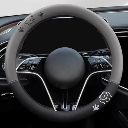 15 Inches Universal Round Leather Car Steering Wheel Cover, Cute Bear Soft Breathable Non-Slip Steering Wheel Protector Wrap (Grey) - color: Grey