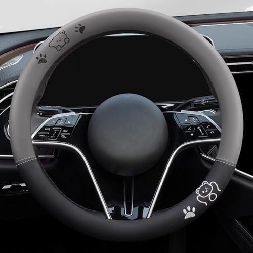 15 Inches Universal Round Leather Car Steering Wheel Cover, Cute Bear Soft Breathable Non-Slip Steering Wheel Protector Wrap (Grey) - color: Grey