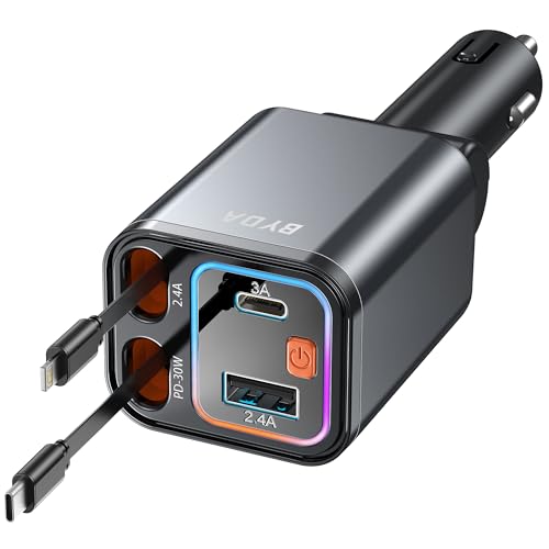 4 in 1 Retractable Car Charger,69W USB-C Fast Car Charger, for iPhone 17/16/15/14/13/12/11, Android,Pixel,Cigarette Lighter Charger (for Type C+Apple &RGB[Grey]) - size: for Type C+Apple &RGB[Grey]