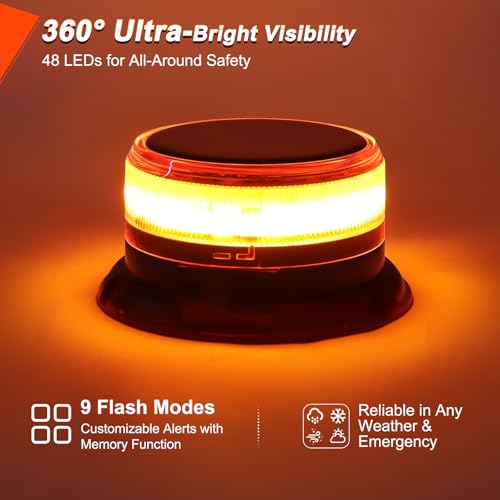 Solar Amber Strobe Light, 48 LED Rechargeable Emergency Warning Beacon Light with 9 Flash Modes, Magnetic Mount, IP68 Waterproof for Trucks, Forklifts, Tractors, Golf Carts, UTV, Car, Bus