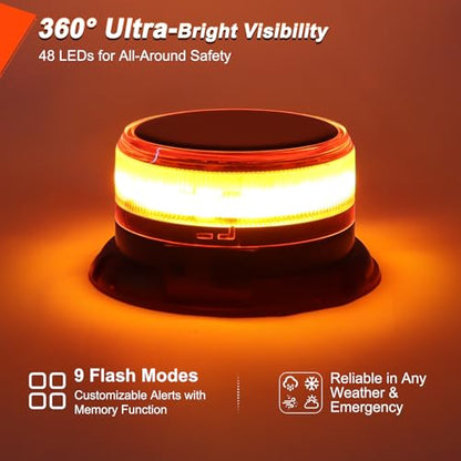 Solar Amber Strobe Light, 48 LED Rechargeable Emergency Warning Beacon Light with 9 Flash Modes, Magnetic Mount, IP68 Waterproof for Trucks, Forklifts, Tractors, Golf Carts, UTV, Car, Bus
