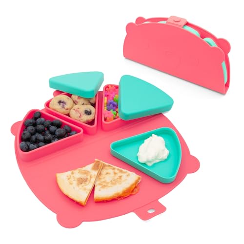 Silicone On-The-Go Snack Mat – Foldable Reusable Placemat with 3 Compartments and Lids – Travel-Friendly Baby and Toddler Snack Plate – Dishwasher Safe (Watermelon) - color: Watermelon