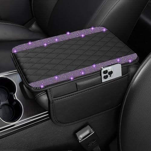 NBTEPEM Bling Car Center Console Cover, Leather Car Arm Rest Cover Cushion with 2 Storage Bags, Universal Auto Armrest Protector Storage Box, Bling Accessories Interior for Most Vehicles (Purple) - color: Purple Diamond