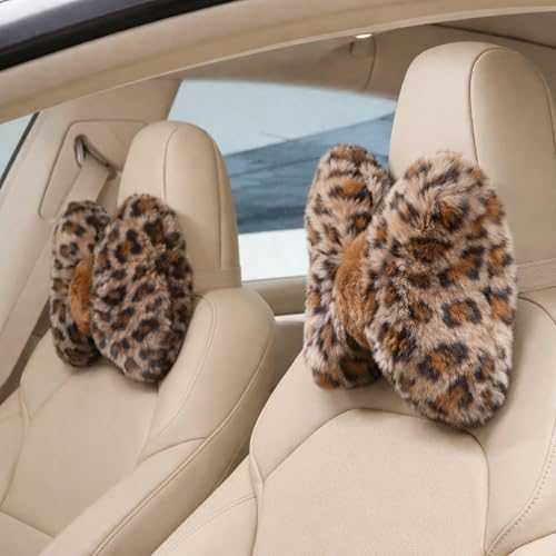 Macarrie 2 Pcs Car Neck Pillow Velvet Bow Headrest Pillow Soft Comfortable Seat Neck Support Cute Bow Car Accessories for Driving Travel Driver Chair Girl Style Interior Decor (Leopard) - color: Brown, style: Leopard