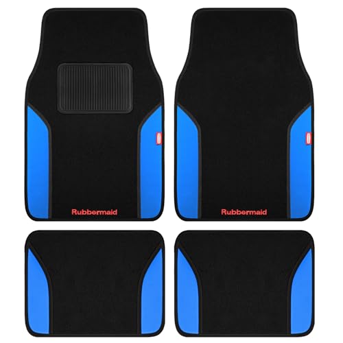 Rubbermaid Car Mats, Carpeted Floor Car Mat with Faux Leather & Built-in Heel Pad, Two-Tone Car Rug Floor Mats, Stylish Carpeted Floor Mats for Cars, Trucks & SUVs Blue Color - color: Blue