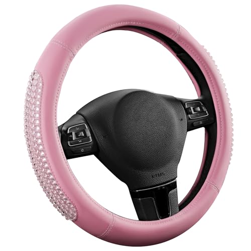 PIC AUTO Steering Wheel Cover, Glitter Gel Particles & Pink Luxury Leather Car Steering Cover, Universal Fit 14.5"-15.5" Anti-Slip Car Wheels Cover for Girls & Women - color: Pink