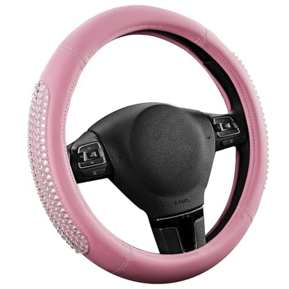 PIC AUTO Steering Wheel Cover, Glitter Gel Particles & Pink Luxury Leather Car Steering Cover, Universal Fit 14.5"-15.5" Anti-Slip Car Wheels Cover for Girls & Women - color: Pink