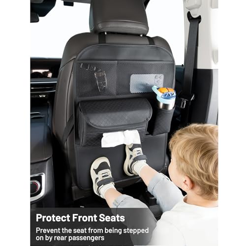 PU Leather Car Seat Back Organizer with Kick Mat Protectors, Tissue Box Storage, Cup Holder, Phone Holder for Road Trips. (Black)
