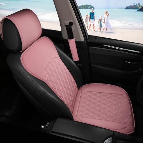 Sanwom Front Car Seat Covers - Leather Seat Covers with Storage Pocket and Two Belt Pads, Anti-Slip Waterproof Universal Seat Covers for Cars Fit Cars Trucks SUV(Pink,2 Pack) - color: Pink