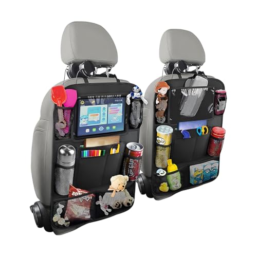 2PCS Car Seat Back Organizer, Waterproof Vehicle Storage Bag with Touch Screen Tablet Holder & 9 Pockets, Auto Kick Mats Back Seat Protector for Kids, Universal Travel Accessories (Black/Small) - color: Black, size: S