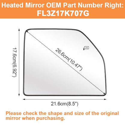 Senzeal Passenger Side Heated Upper Mirror Glass Replacement for Ford F150 2015-2020 Ford F250 F350 F450 F550 2017-2022 Tow Mirror FL3Z17K707G (Right Side) - size: Passenger Upper Side (Right)