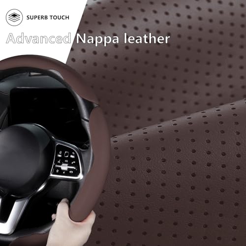 Car Steering Wheel Cover Leather Snap On 3Pcs Set Non-Slip Protector Wrap Steering Wheel Accessories 14.5-15 inch Universal Brown - color: Brown