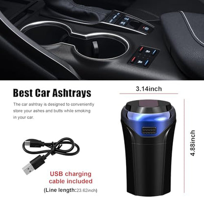 Car Ashtray with Lid, Detachable USB Rechargeable Auto Cigarette Lighter with Blue LED Light, Portable Smell Proof Stainless Car Ash Tray, Mini Automotive Trash Can (Blue) - color: Blue