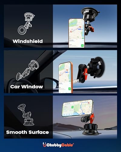 chubbycable ChubbyGrip Magnetic Car Phone Holder 360° Adjustable Car Phone Mount for Windshield, Ultra-Durable Metal Suction Cup Phone Mount for iPhone Samsung All Smartphone, Magnetic - color: ChubbyGrip Pro (Magnetic)-Orange