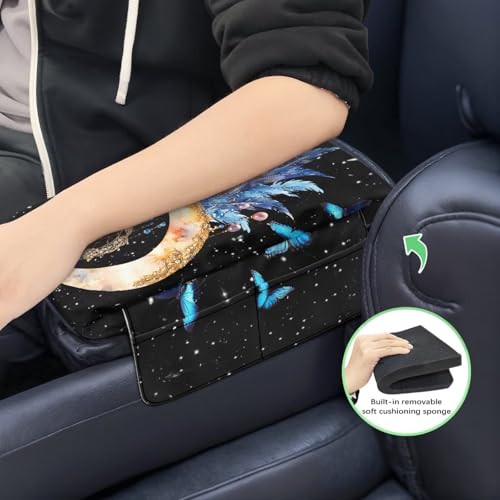Butterfly Center Console Armrest Cover for Most Vehicles, Dream Catcher Print Console Protector for Most Car Center Consoles, Prevent Pets Scratches, with Side Pockets - color: Butterfly Dream Catcher