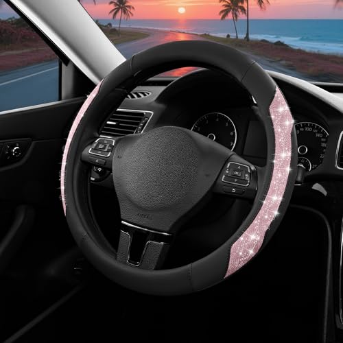 PIC AUTO Steering Wheel Cover, Pink Sparkly Crystal Bling Glitter with Leather, Universal Fit 14.5"-15.5" Car Steering Wheels for Girls & Women, Anti-Slip Wheels Cover for Cars, Trucks, Van, SUVs - color: Pink Glitter